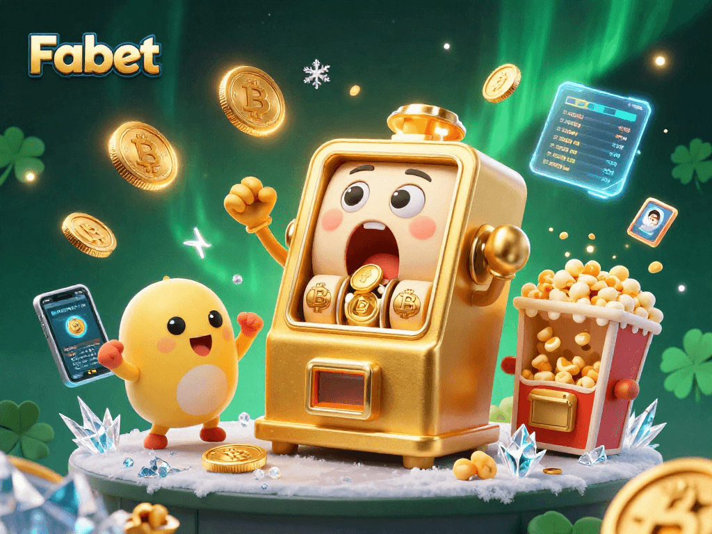 Experience the jackpot excitement with Fabet's lively slot machines and crypto elements in a vibrant casino scene.