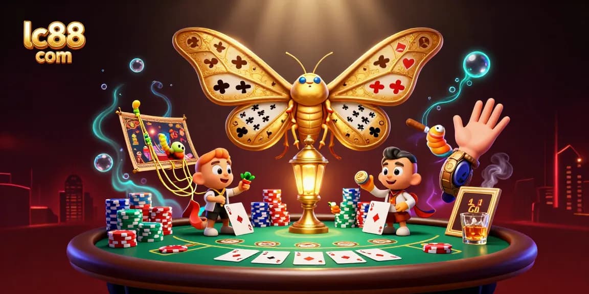 Experience thrilling gameplay at lc88 com with our vibrant 3D casino scene featuring cards and chips.