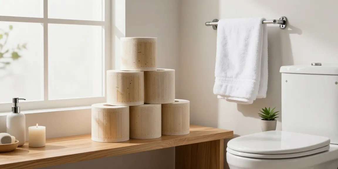 Luxury bamboo loo rolls elegantly displayed in a serene bathroom setting with natural light.
