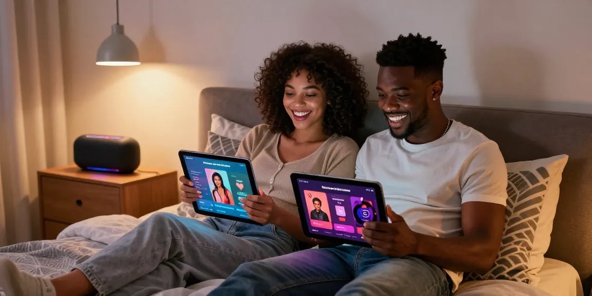 A couple engaging with AI sex apps in a cozy bedroom, showcasing tech-driven intimacy and modern decor.
