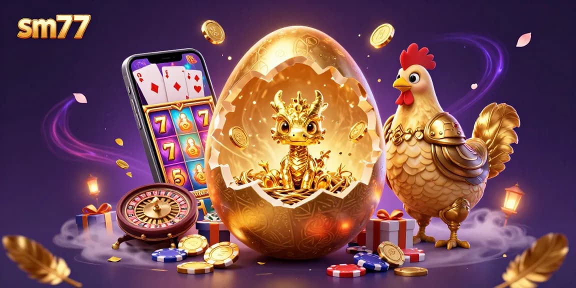 Spin reels and win big with sm77's captivating casino scene showcasing a golden dragon and dynamic gaming elements.