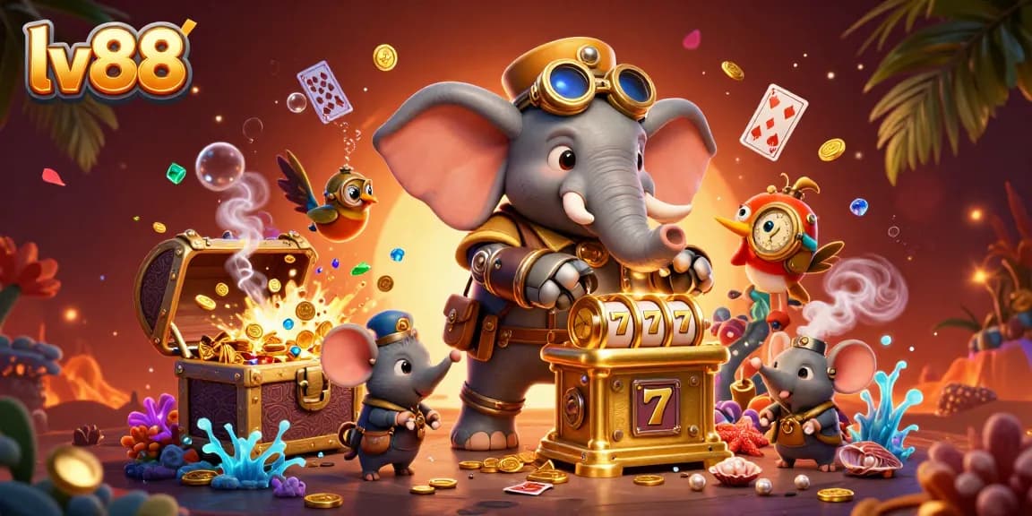 Spin the golden slot machine with the lively lv88 steampunk elephant engineer, surrounded by treasures and dynamic game elements.