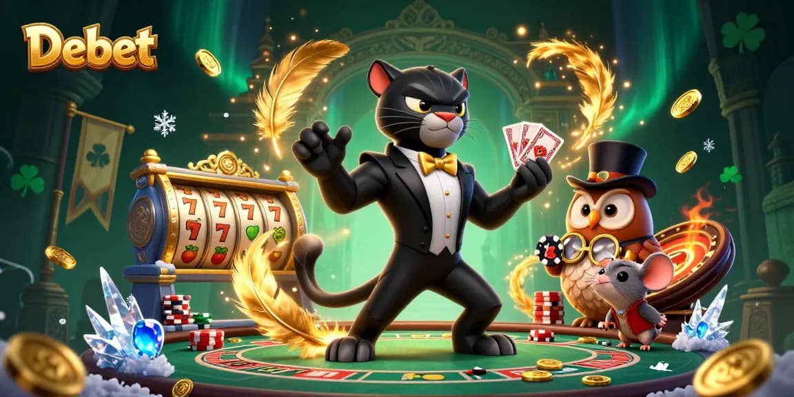 Debet offers thrilling gaming with inventive scenes featuring a stylish panther, owl, and mouse showcasing poker and gaming excitement.