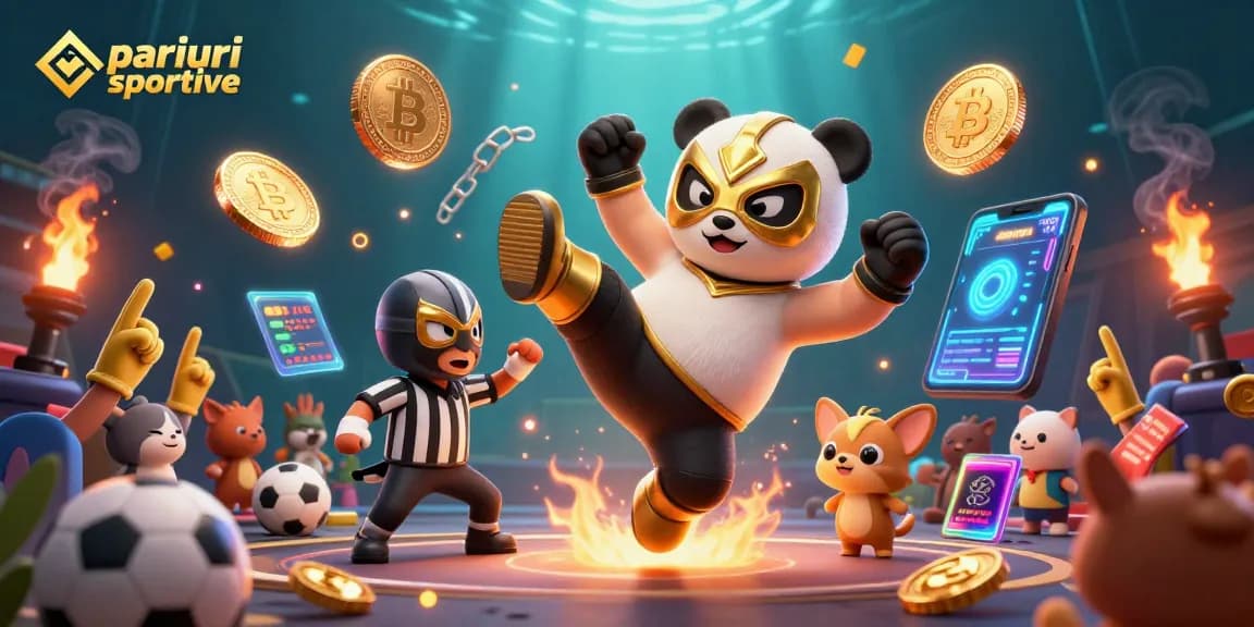 Plasează pariuri sportive cu panda luptător și câțiva spectatori entuziasmați.