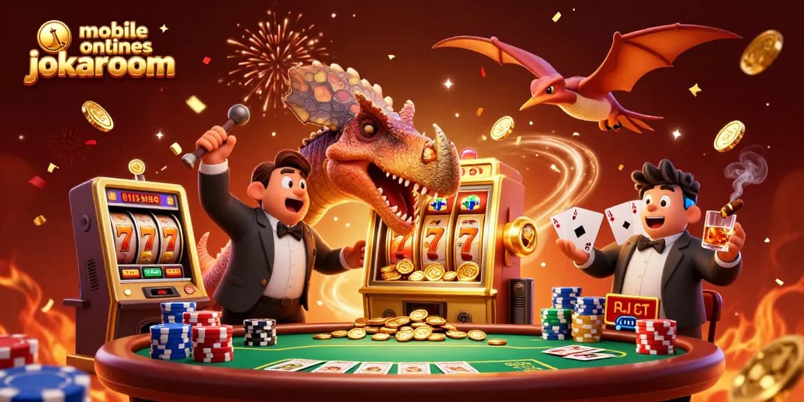 A 3D scene of a pachycephalosaurus celebrating jackpot wins at mobile online casinos jokaroom, surrounded by poker elements.