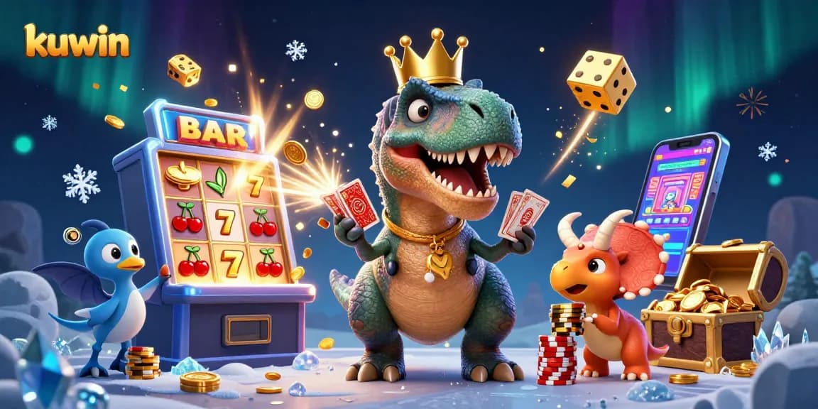 kuwin captures thrilling gambling moments with a T-Rex shuffling cards and friends stacking chips.