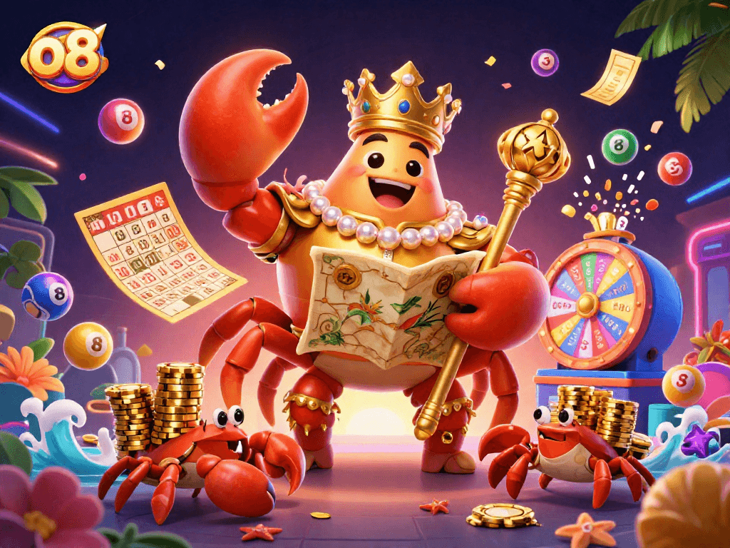 Experience exciting wins at o8 with vibrant slot games and engaging lottery elements in a dynamic casino illustration.