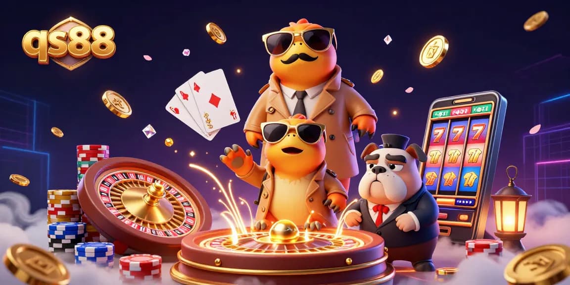 Join the adventure at qs88 as three raptors disguise themselves for casino fun, amidst coins and cards.