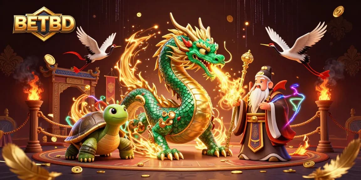 BETBD showcases vibrant 3D illustration featuring a jade dragon and cartoon characters in an exciting casino scene.