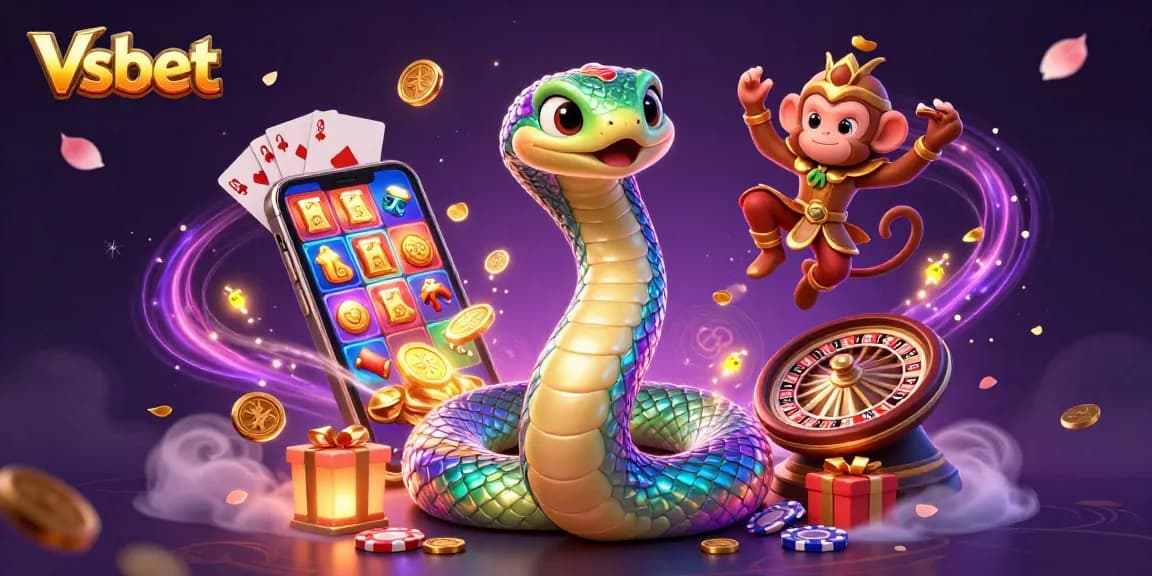Experience the thrill of gambling with Vsbet's captivating 3D illustration showcasing vibrant slot games and magical characters.