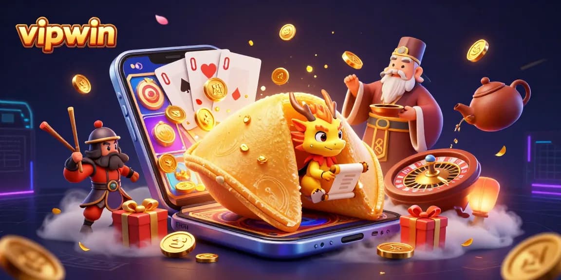Experience the fortune of vipwin with a rich, 3D illustration of a golden cookie, dragon, and gaming symbols.