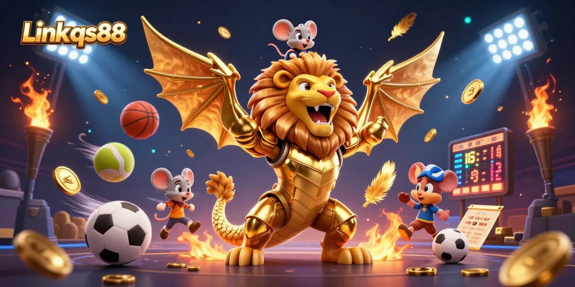 Link qs88 showcases a dynamic casino scene with a roaring chimera, sports elements, and vibrant colors.