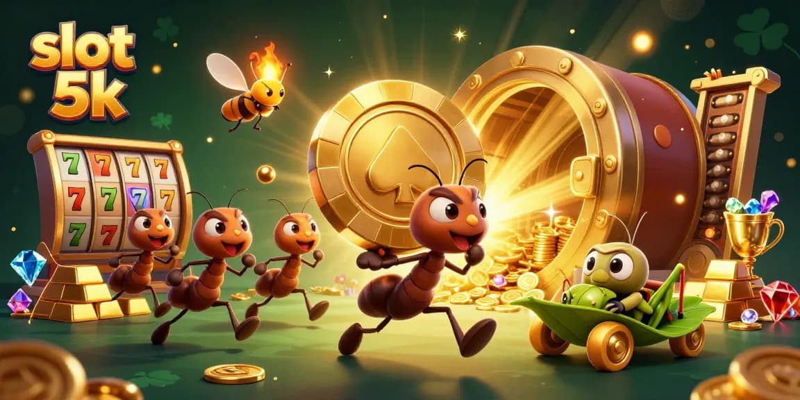 Watch a team of ants carrying a giant poker chip in slot 5k amidst sparkling treasures.