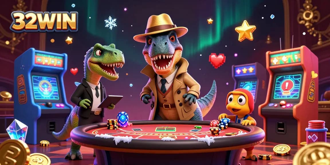 Engage with 32WIN's thrilling blackjack scene featuring a clever velociraptor and a watchful stegosaurus in a dynamic casino atmosphere.