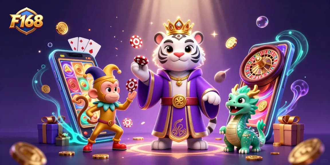 Play slot games and win big with F168 featuring an elegant white tiger and poker chips.