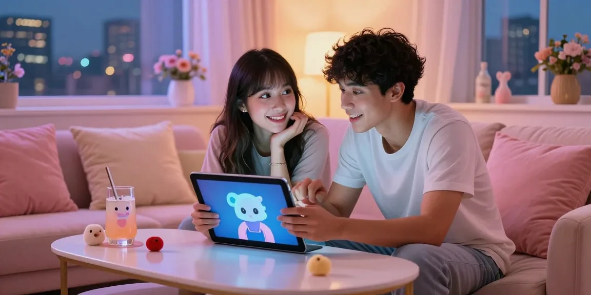 Engaging NSFW chat experience showcasing playful interaction with a virtual AI character in a cozy lounge setting.