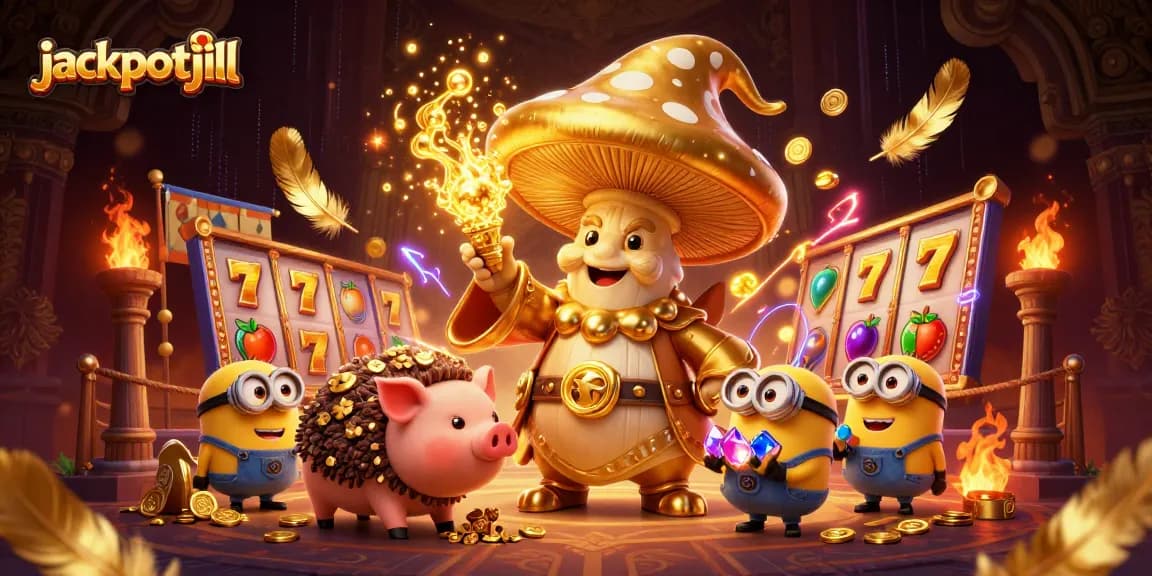 Experience jackpotjill's magical world with a golden wizard and treasures in a vibrant casino setting.