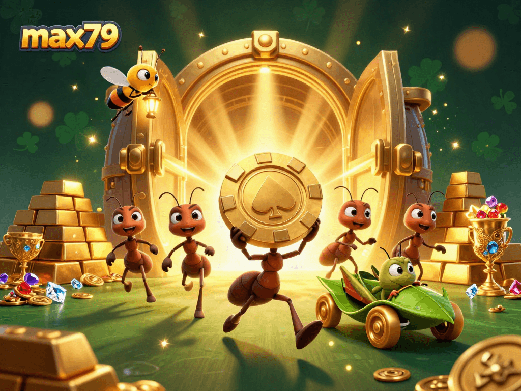 Engaging max79 illustration of ants on a heist with poker chips and treasure in a vibrant casino setting.