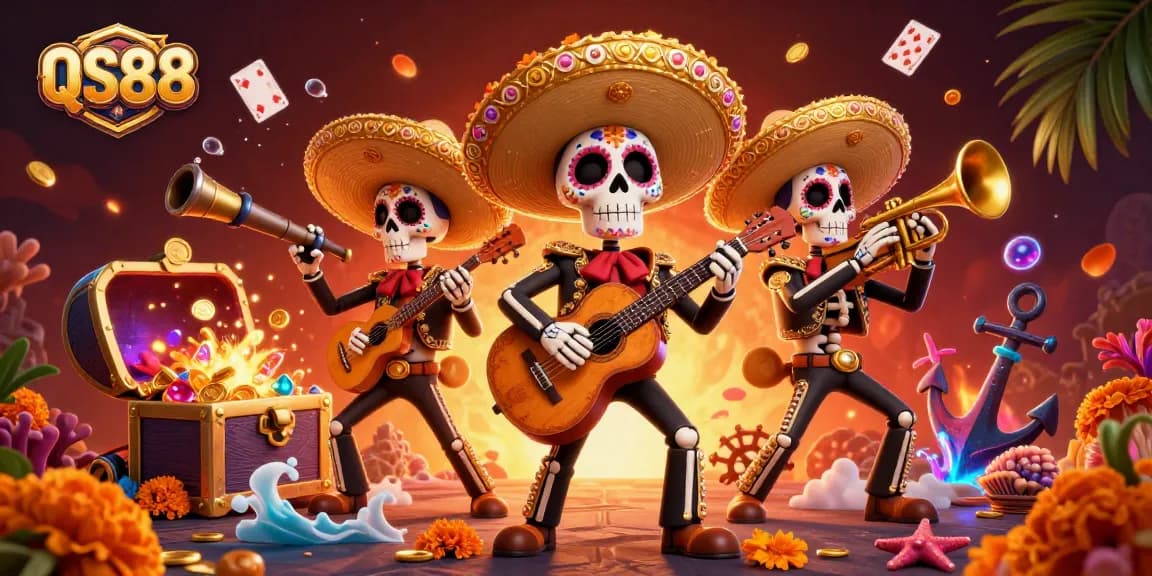 Discover vibrant QS88 action with a Day of the Dead mariachi scene, featuring gold treasures and gaming elements.