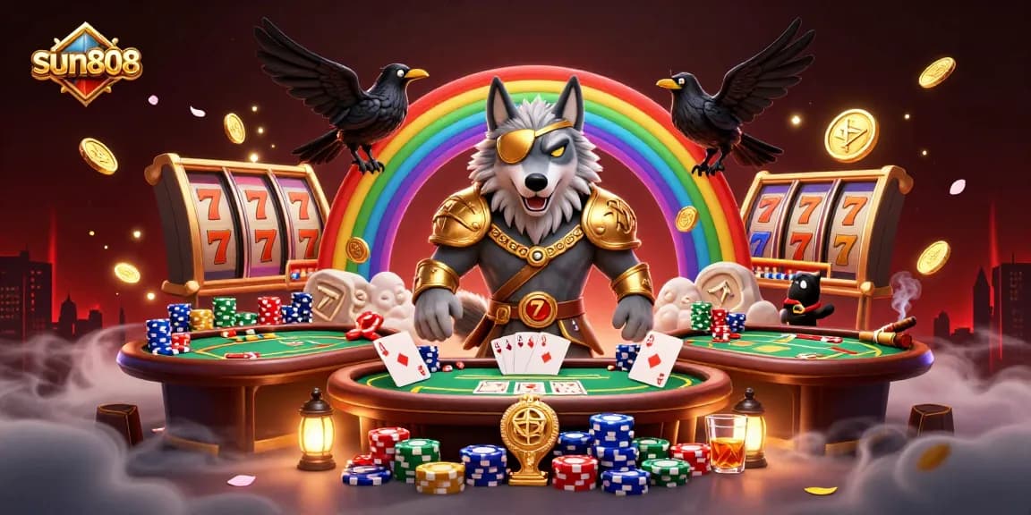 Experience thrilling wins at sun808, featuring Odin and his ravens amidst vibrant casino elements.