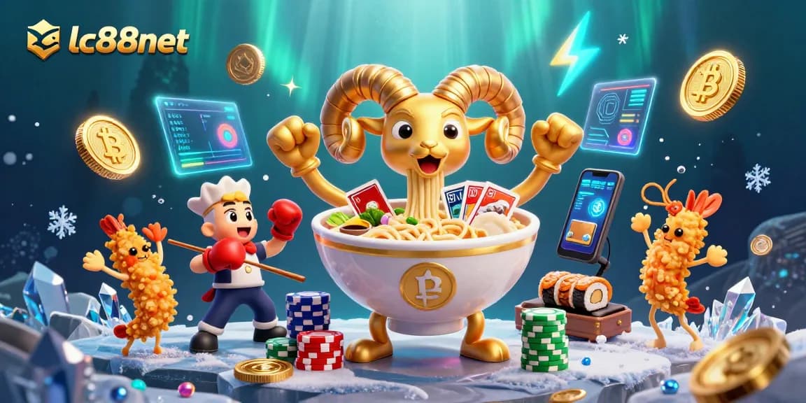 Engage with lc88net's lively casino scene featuring a golden ramen bowl character dealing cards amidst vibrant elements.