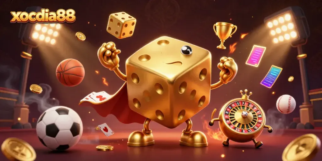 Experience the excitement of xocdia88 with a dynamic illustration of gold dice and sports elements.
