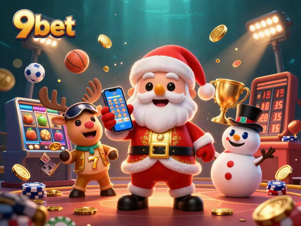 Experience the excitement of 9bet in a vibrant casino adventure featuring Santa Claus and friends in a slot jackpot scene.