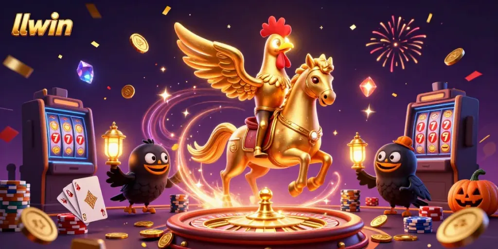 Experience thrilling casino adventures with llwin as the golden rooster rides through a vibrant midnight casino.