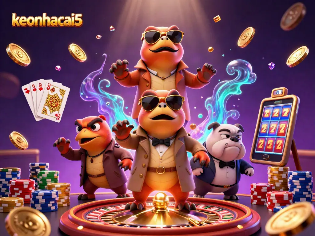 Bet on excitement with keonhacai5 as raptors sneak into a VIP casino lounge, surrounded by coins and cards.