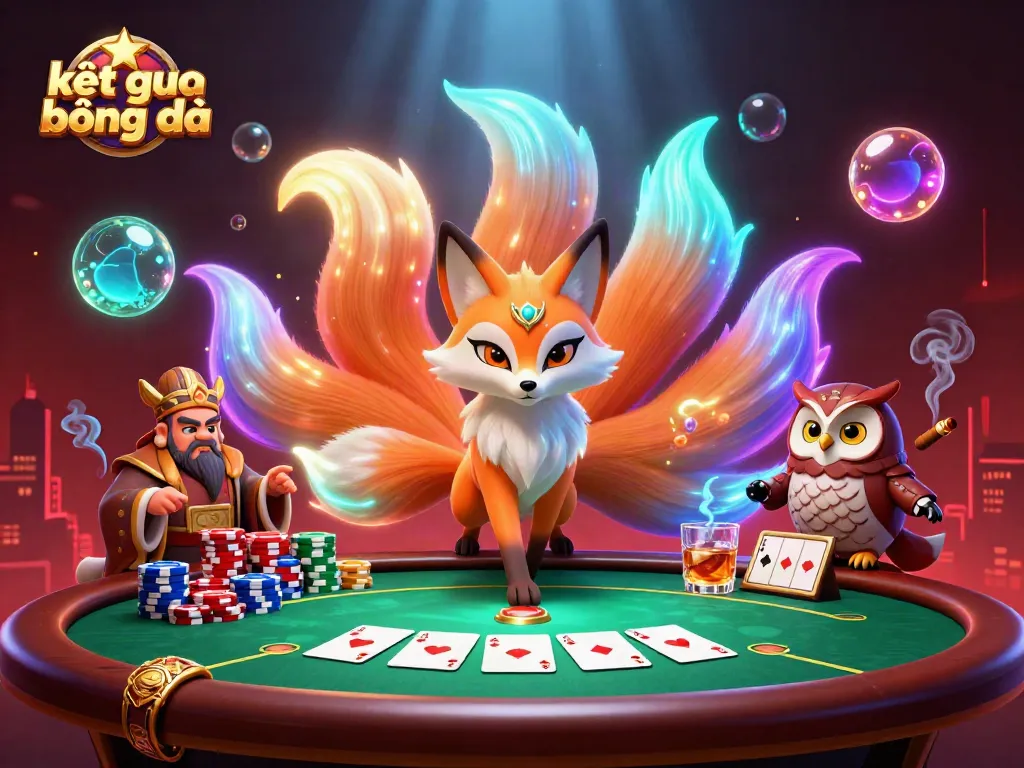 Engage with kết quả bóng đá updates through dynamic 3D cartoon art featuring poker elements, vibrant colors, and gaming spirits.