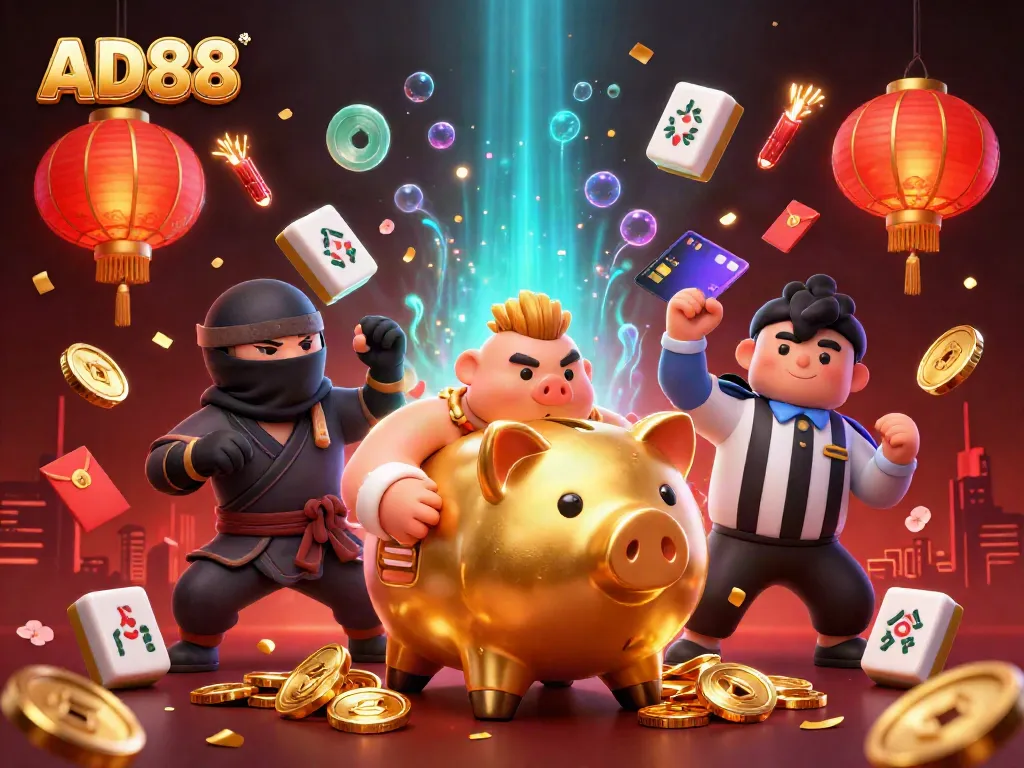 Experience AD88 with a vibrant 3D casino scene featuring a golden piggy bank sumo wrestler and dynamic elements.