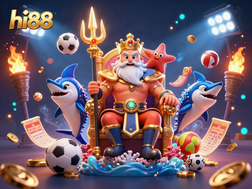 Experience thrilling games at hi88, featuring Neptune, a swordfish samurai, and sports balls in a dynamic casino scene.