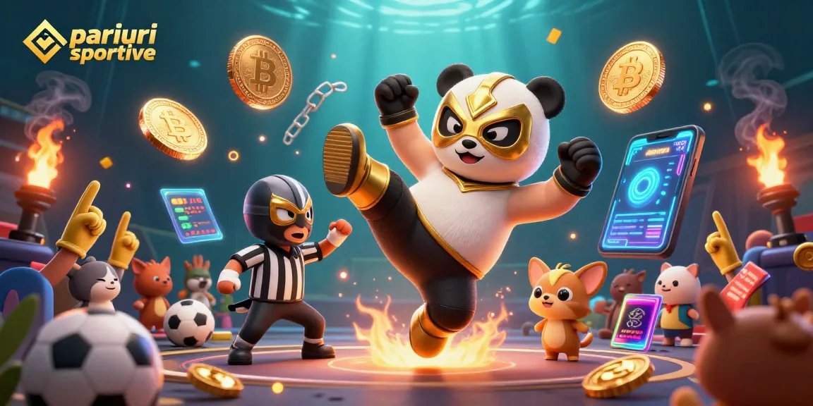 Plasează pariuri sportive cu panda luptător și câțiva spectatori entuziasmați.