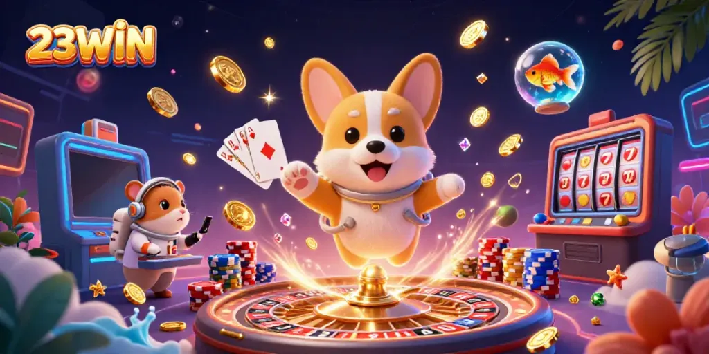 Engage with 23WIN's exciting casino experience featuring an astronaut corgi amidst floating coins.