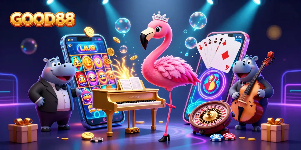 Experience excitement with GOOD88 as a flamingo entertainer and hippo bassist perform in a vibrant online casino scene.