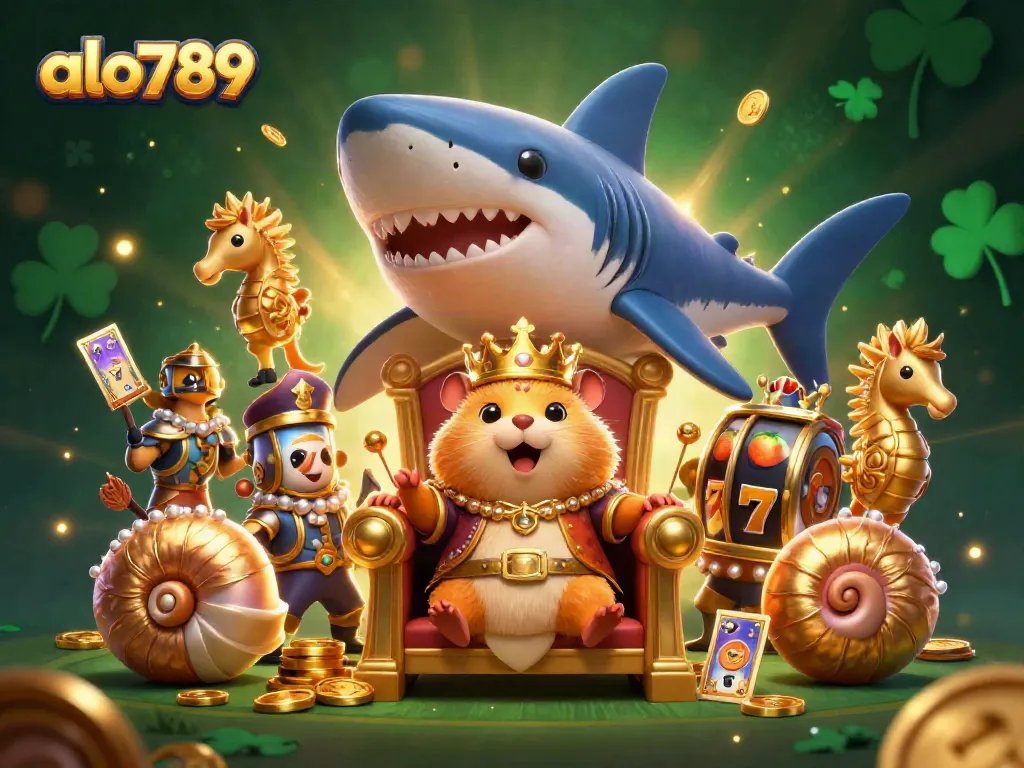 Place bets at alo789 with a golden hamster king on a megalodon throne, surrounded by exciting casino elements!