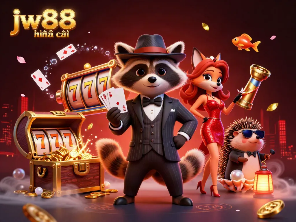 Bettors explore the thrilling world of jw88 nhà cái with a dashing raccoon and a fox lady amidst vibrant casino elements.