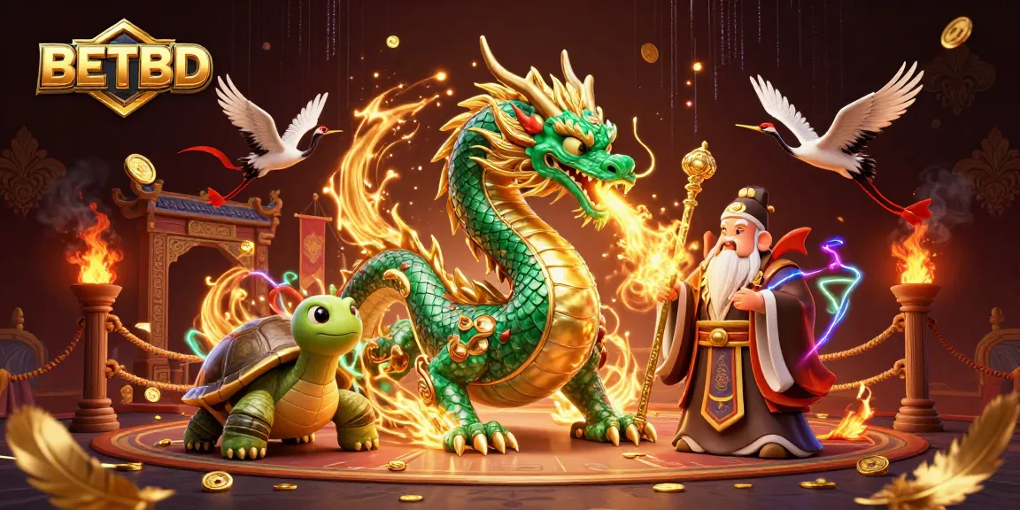 BETBD showcases vibrant 3D illustration featuring a jade dragon and cartoon characters in an exciting casino scene.