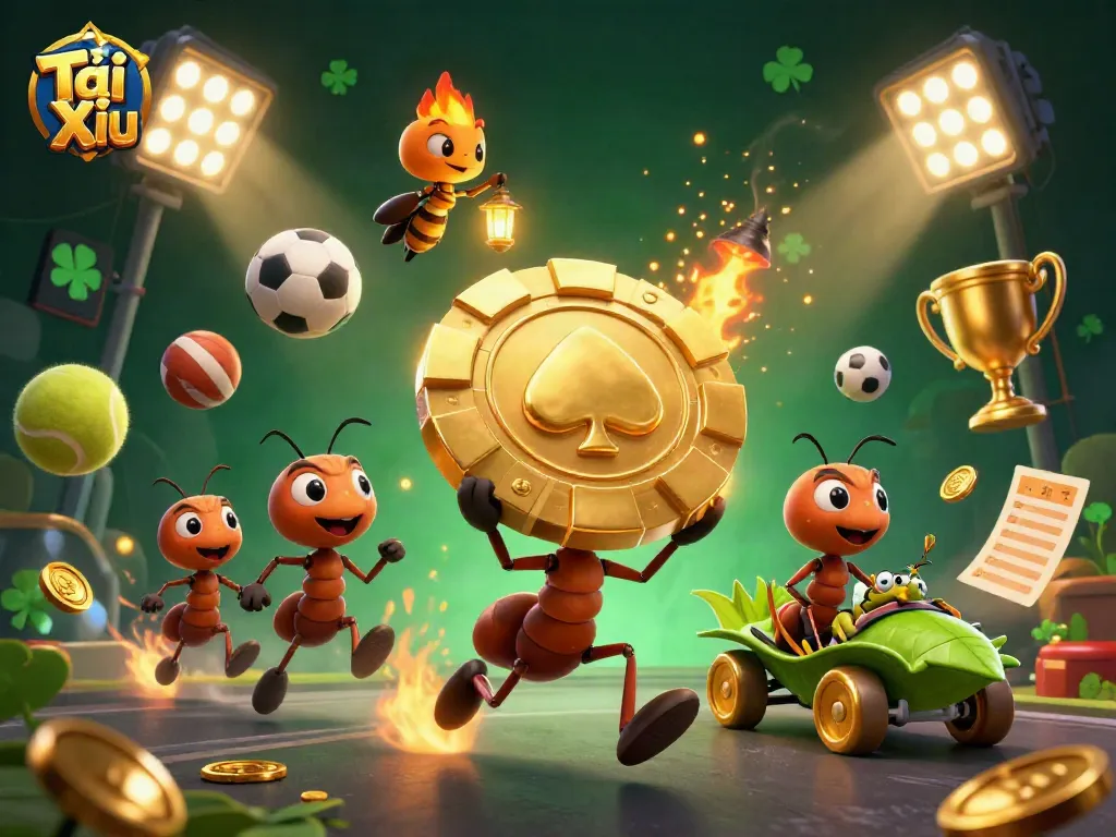Tài Xỉu game action illustrated with ants heisting a golden poker chip amidst dynamic sports elements.