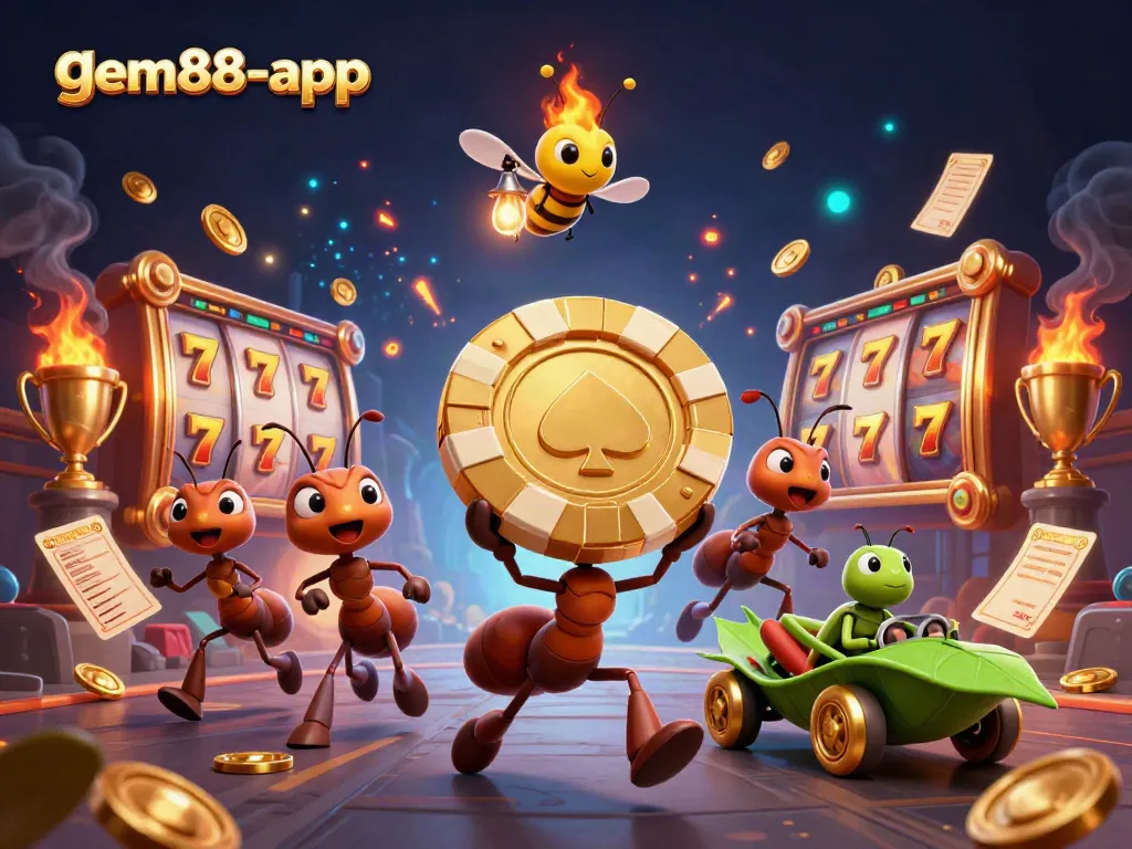 Experience thrilling moments with the gem88-app in a vibrant online casino scene featuring dynamic slot elements.