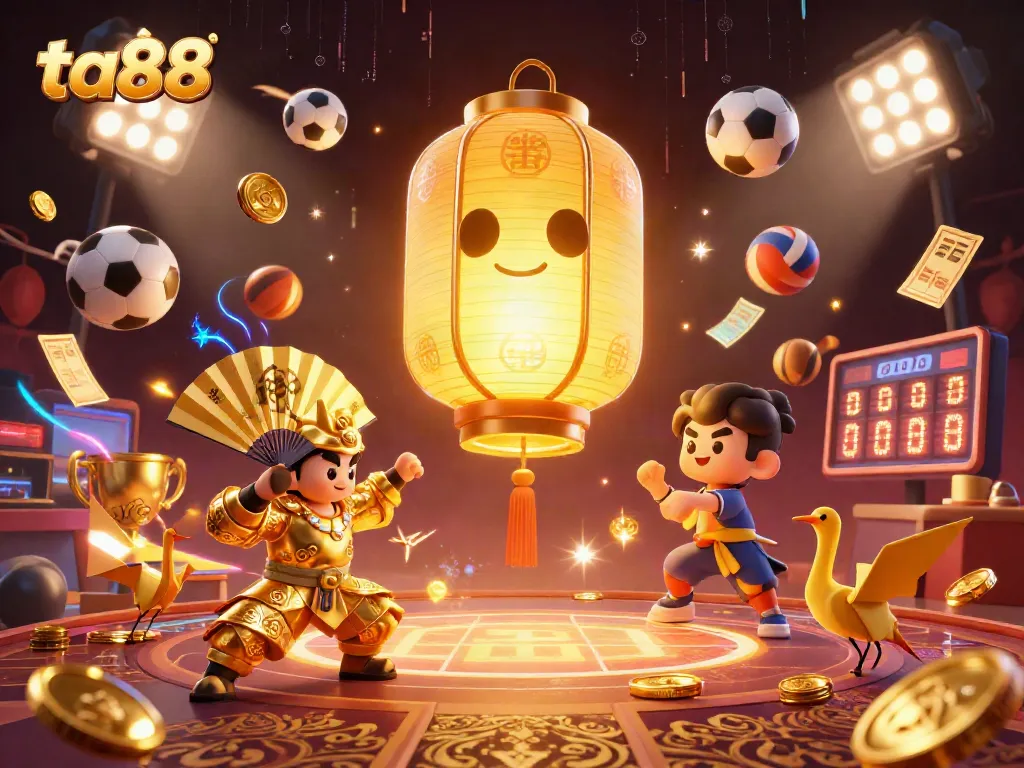 Experience the magic of ta88 as a golden lantern spirit guides a vibrant night market casino filled with action and symbols of luck.