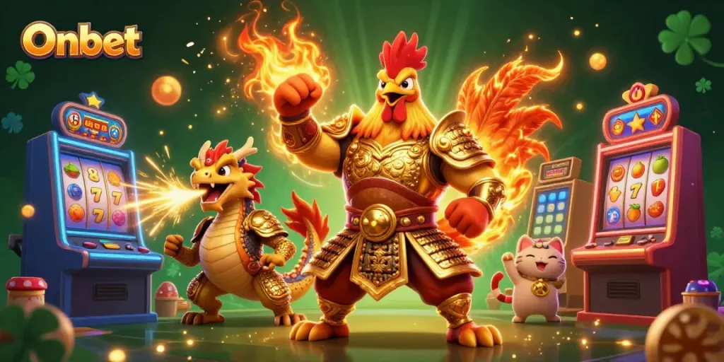 Engage with Onbet's vibrant casino universe featuring dynamic characters and slot machines.