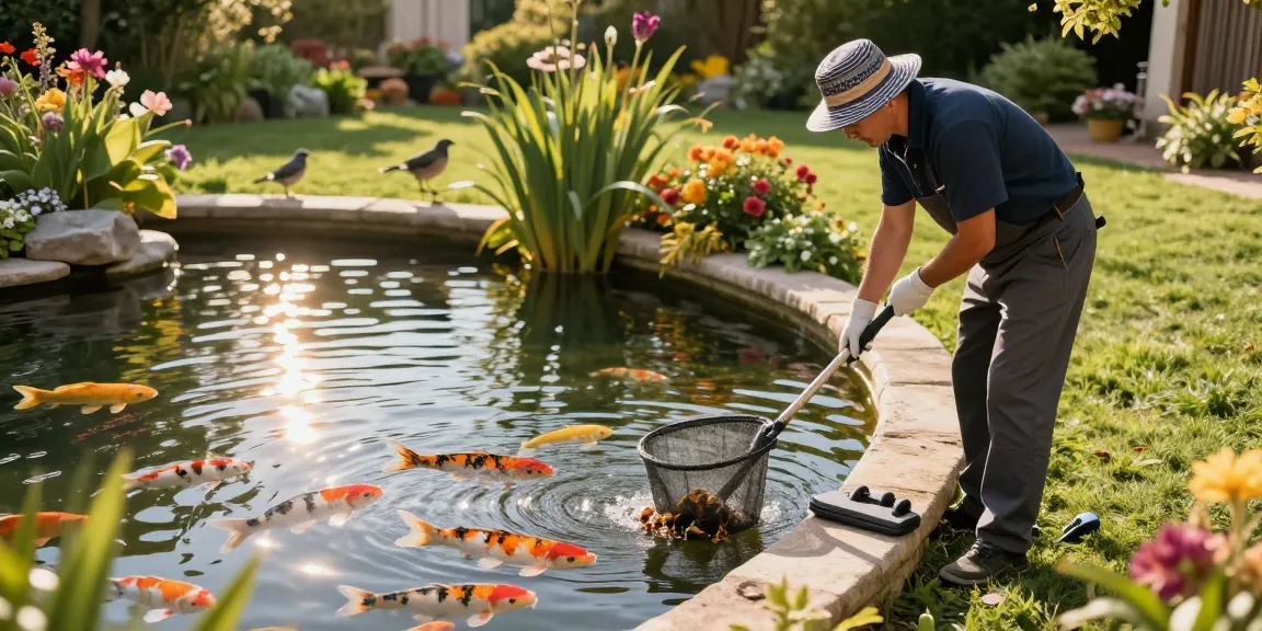 Pond cleaning companies servicing beautiful outdoor ponds with koi fish, showcasing expert care and maintenance
