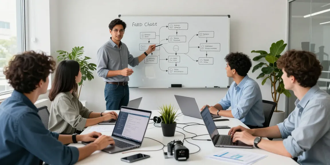 Team collaborating on AI chatbot solutions in a modern workspace with digital whiteboards, laptops, and natural light.