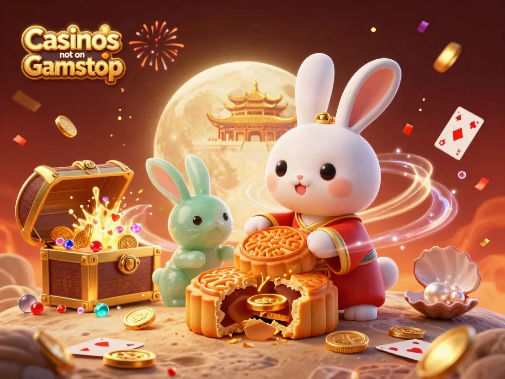 Engaging 3D illustration of Casinos not on Gamstop, featuring a moon rabbit with poker chips and cheerful game elements.