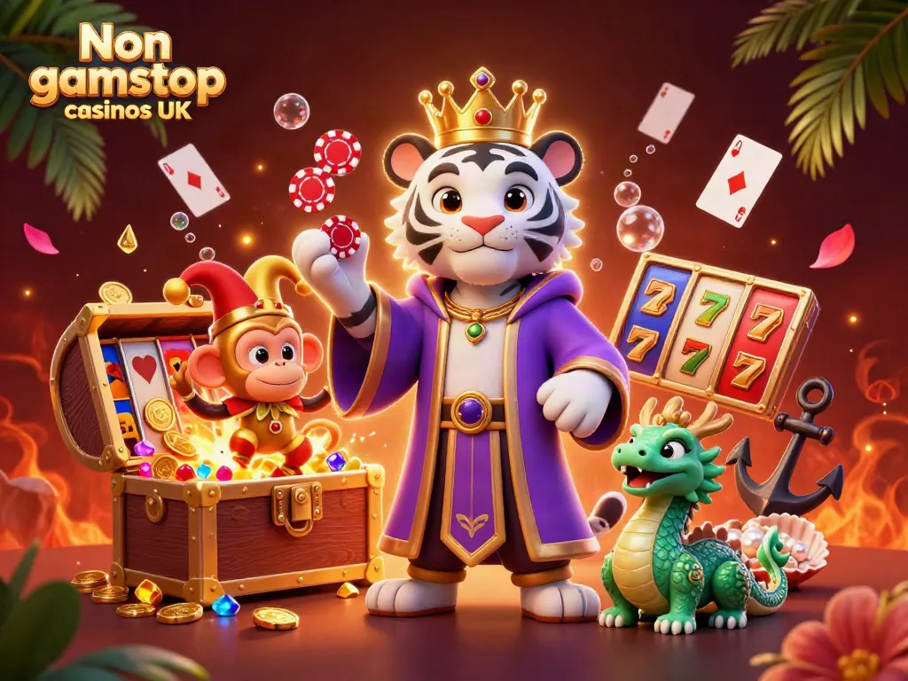 Engaging scene featuring Non gamstop casinos UK with a white tiger, golden monkey, and jade dragon in a casino environment.