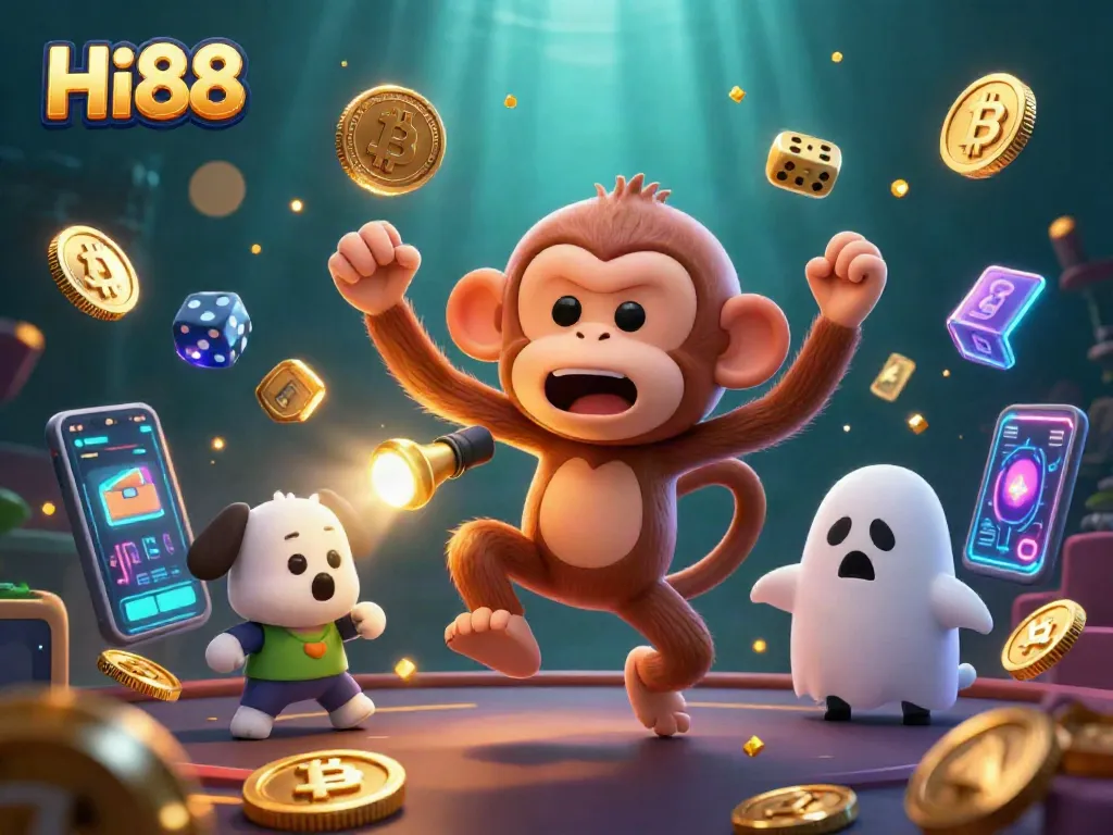 Engage in thrilling gambling at Hi88 featuring an animated scene of a poltergeist monkey in a haunted casino.