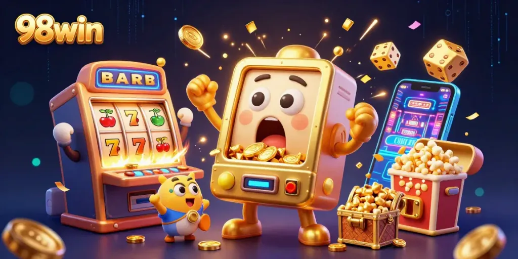 Watch 98win slot machines celebrating a jackpot victory with coins pouring out in this exciting casino illustration.