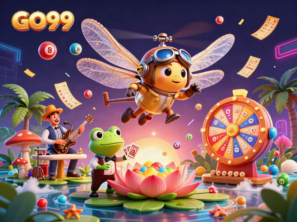 Engage with GO99's lively gaming world through this vibrant 3D animated illustration.