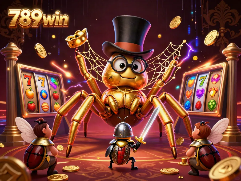 Immerse in the thrilling world of 789win, featuring a magical spider weaving golden threads while players enjoy jackpot slots.